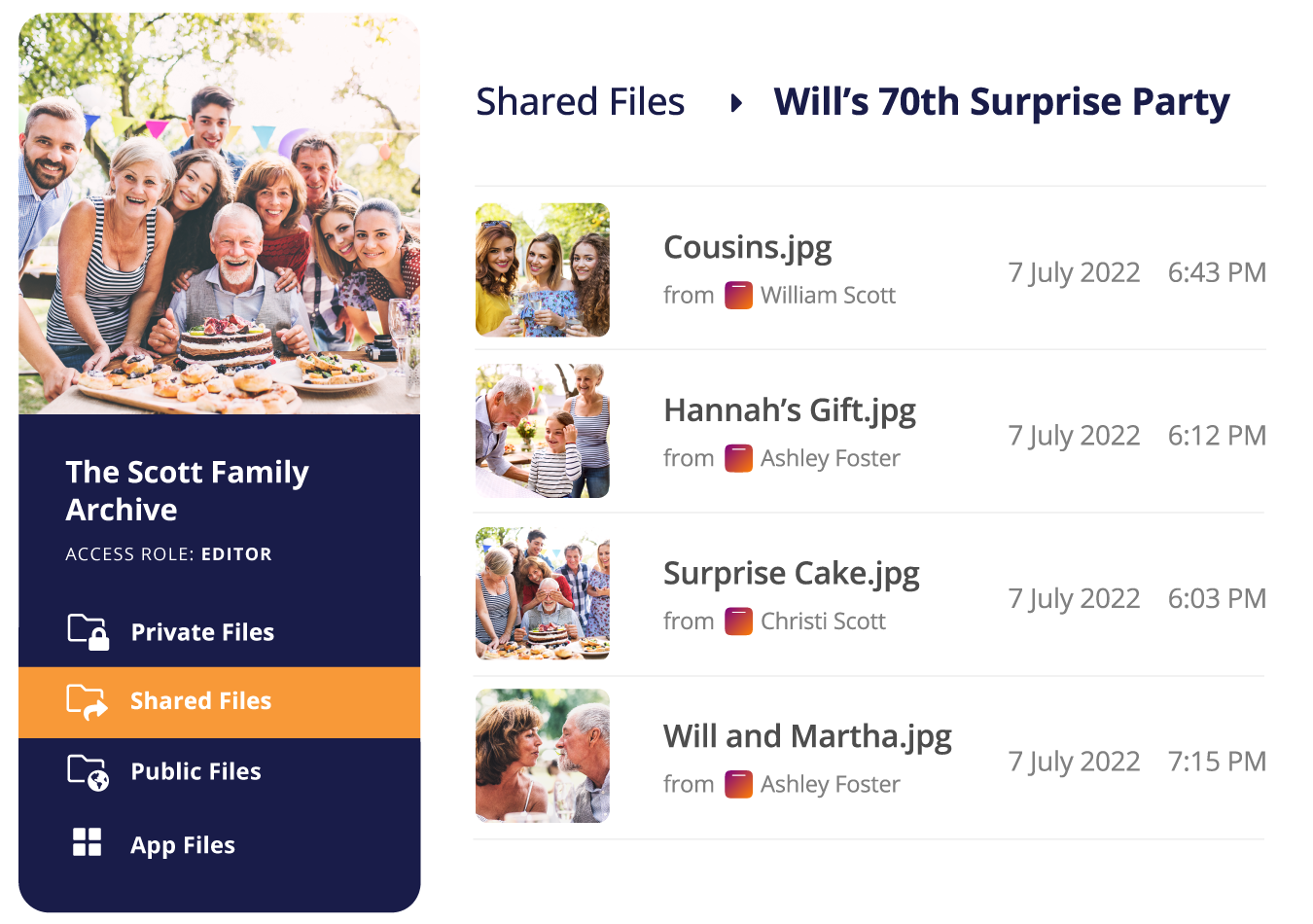 In the Scott Family Archive on Permanent, a shared folder titled "Will's 70th Surprise Party". In the folder are two photos uploaded by Ashley Foster titled "Hannah's Gift.jpg" and "Will and Martha.jpg", a photo uploaded by William Scott titled "Cousins.jpg", and a photo uploaded by Christi Scott title "Surprise Cake.jpg"